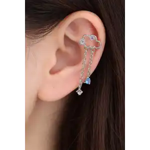 Gümüş Renk Bulut Figürlü Taş Detaylı Cerrahi Çelik Tragus/Kıkırdak Küpe/Piercing (Tek)