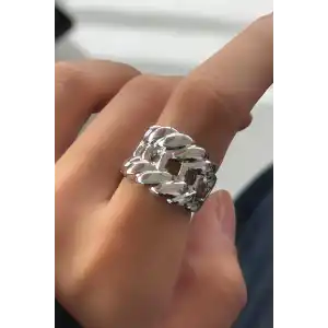 Gümüş Renk Burgu Detaylı Metal Ayarlanabilir Yüzük