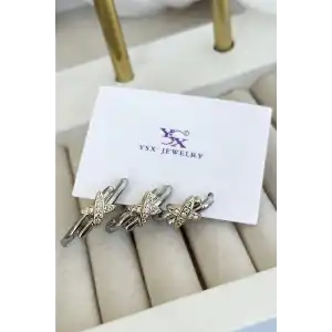 Gümüş Renk Çarpı Detaylı VİP 3lü YSX Küpe Set
