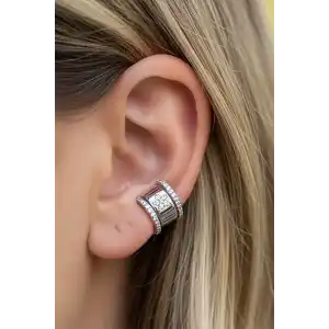 Gümüş Renk Çiçek Figürlü Taş Detaylı 14K Altın Kaplama TX Ear Cuff (Tek)