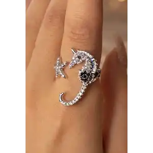 Gümüş Renk Deniz Atı Figürlü Ayarlanabilir Yüzük