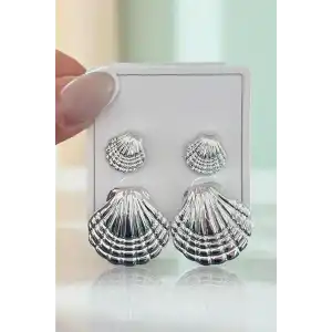 Gümüş Renk Deniz Kabuğu Figürlü Küpe Set