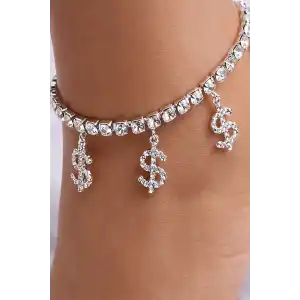 Gümüş Renk Dolar Figürlü Taş Detaylı Tasarım Halhal