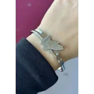 Gümüş Renk El Figürlü Taş Detaylı Çelik Kelepçe Bileklik