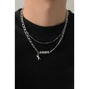 Gümüş Renk Erkek İkili Zincir Çelik Kolye