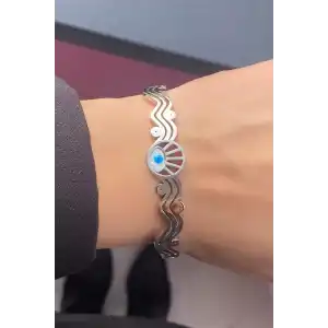 Gümüş Renk Göz Detaylı Çelik Kelepçe Bileklik