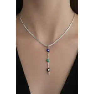 Gümüş Renk Göz Figürlü İtalyan Zincir Detaylı Çelik Kolye