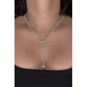 Gümüş Renk Göz Figürlü Su Yolu 14K Altın Kaplama VİP Kolye