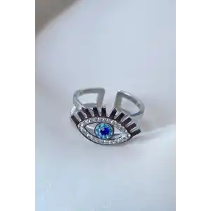 Gümüş Renk Göz Figürlü Taş Detaylı Ayarlanabilir Çelik Yüzük