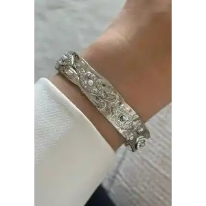 Gümüş Renk Göz Figürlü Taş Detaylı Çelik Kelepçe Bileklik