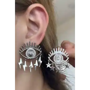 Gümüş Renk Göz Figürlü Taş Detaylı Küpe (Çift)