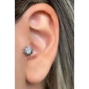 Gümüş Renk Güneş Figürlü Çelik Tragus/Kıkırdak Küpe/Piercing (Tek)