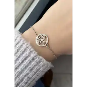 Gümüş Renk Hayat Ağacı Figürlü Çelik Bileklik