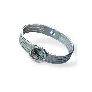 Gümüş Renk Hayat Ağacı Figürlü Çelik Kelepçe Bileklik