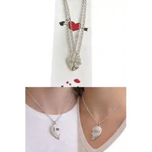 Gümüş Renk I Love You Yazılı İkili Çift Çelik Kolye