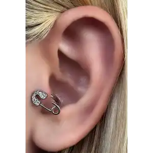 Gümüş Renk İğne Figürlü Taş Detaylı Cerrahi Çelik Halka Tragus/Kıkırdak Küpe/Piercing (Tek)