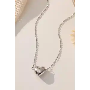 Gümüş Renk İkiye Ayrılan Mıknatıslı Kalp Figürlü Çelik Kolye