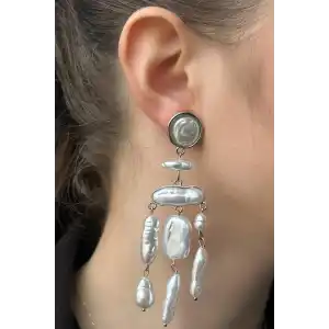 Gümüş Renk İnci Detaylı Abiye Küpe (Çift)