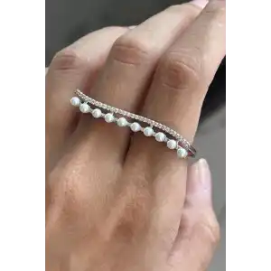 Gümüş Renk İnci Detaylı İkili Tasarım Yüzük