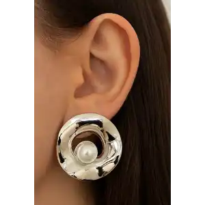 Gümüş Renk İnci Detaylı Küpe (Çift)