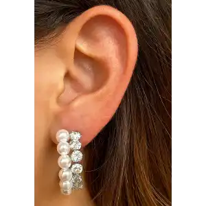 Gümüş Renk İnci Detaylı Küpe (Çift)