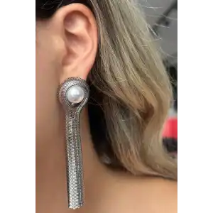 Gümüş Renk İnci Detaylı Sallantılı Çelik Küpe (Çift)