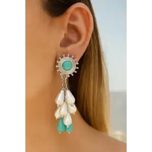 Gümüş Renk İnci Ve Taş Detaylı Sallantılı Küpe (Çift)