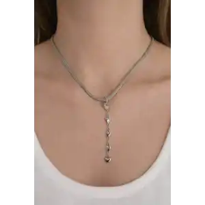 Gümüş Renk Kalp Figürlü İtalyan Zincir Detaylı Çelik Kolye