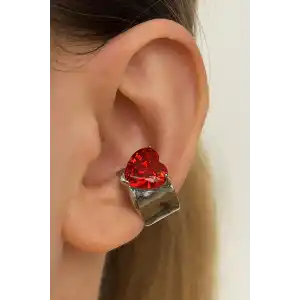 Gümüş Renk Kalp Figürlü Kırmızı Taş Detaylı 14K Altın Kaplama Ear Cuff (Tek)