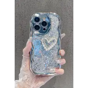 Gümüş Renk Kalp Figürlü Sim Detaylı 15 Pro Max Telefon Kılıfı