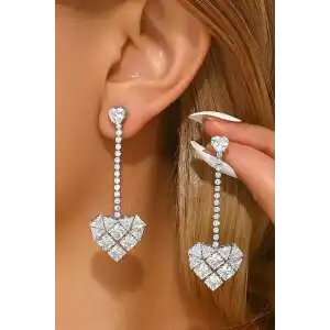 Gümüş Renk Kalp Figürlü Taş Detaylı 14K Altın Kaplama Küpe (Çift)