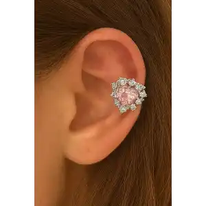 Gümüş Renk Kalp Figürlü Taş Detaylı 14K Altın Kaplama TX Ear Cuff (Tek)
