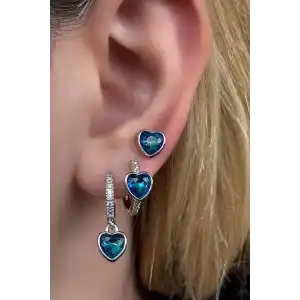 Gümüş Renk Kalp Figürlü Taş Detaylı 3lü YSX Küpe Set