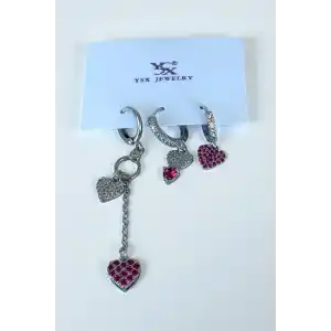 Gümüş Renk Kalp Figürlü Taş Detaylı 6lı YSX Küpe Set