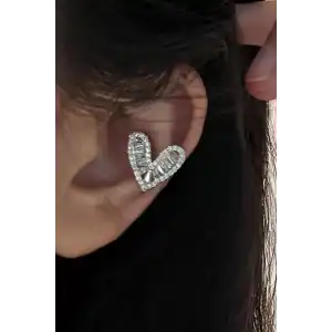 Gümüş Renk Kalp Figürlü Taş Detaylı Ear Cuff (Tek)