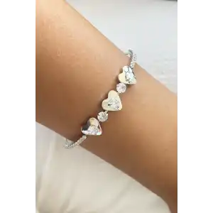 Gümüş Renk Kalp Figürlü Taş Detaylı Kelepçe Bileklik
