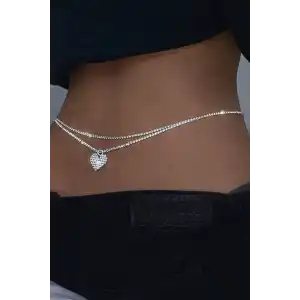 Gümüş Renk Kalp Figürlü Taş Detaylı Tasarım Bel Zinciri/Vücut Aksesuar