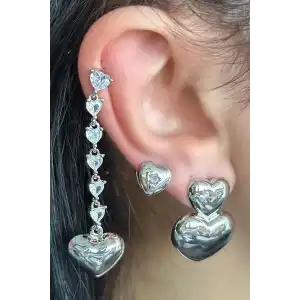 Gümüş Renk Kalp Figürlü Taş Detaylı VİP 3lü YSX Küpe Set