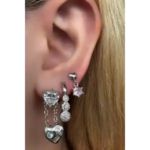 Gümüş Renk Kalp Figürlü Taş Detaylı VİP 3lü YSX Küpe Set