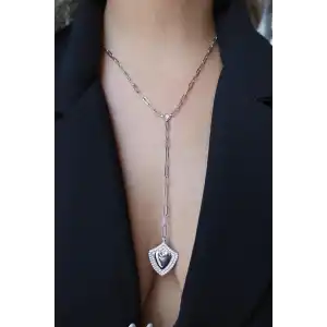 Gümüş Renk Kalp Figürlü Taş Detaylı Y Kolye