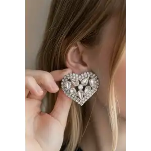 Gümüş Renk Kalp Figürlü Taşlı Abiye Küpe Kına/Gelin Küpe (Çift)