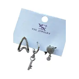 Gümüş Renk Kalp Ve Anahtar Figürlü Taş Detaylı VİP 3lü YSX Küpe Set