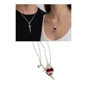 Gümüş Renk Kalp Ve Kılıç Figürlü İkili Çelik Sevgili Kolyesi