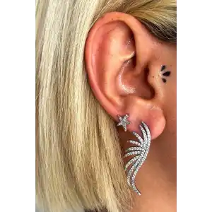 Gümüş Renk Kanat Ve Yıldız Figürlü Taş Detaylı Küpe (Çift)