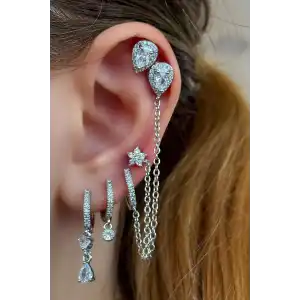 Gümüş Renk Karışık Figürlü Taş Detaylı 6lı YSX Küpe Set