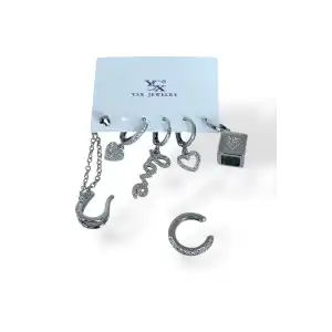 Gümüş Renk Karışık Figürlü Taş Detaylı 6lı YSX Küpe Set