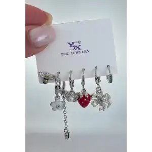 Gümüş Renk Karışık Figürlü Taş Detaylı 6lı YSX Küpe Set