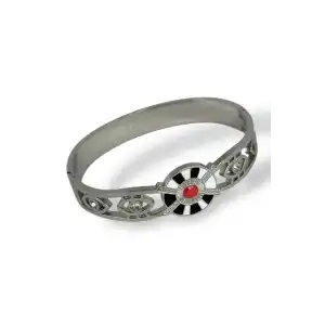 Gümüş Renk Karışık Figürlü Taş Detaylı Çelik Kelepçe Bileklik