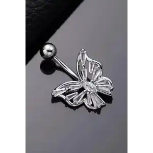 Gümüş Renk Kelebek Figürlü Cerrahi Çelik Göbek Piercing