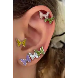 Gümüş Renk Kelebek Figürlü Taş Detaylı 6lı Küpe Set